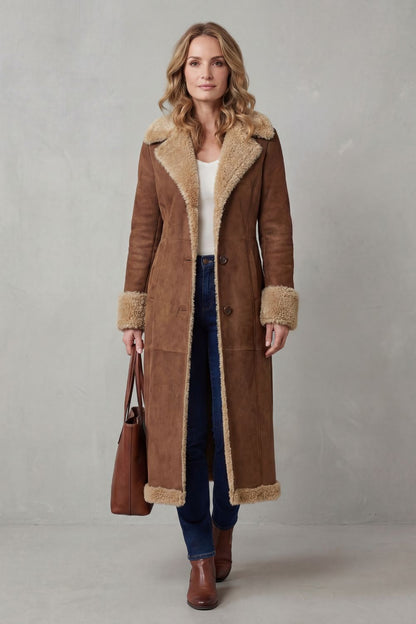 HALINA | Długi płaszcz zimowy – sylwetka z podszewką shearling