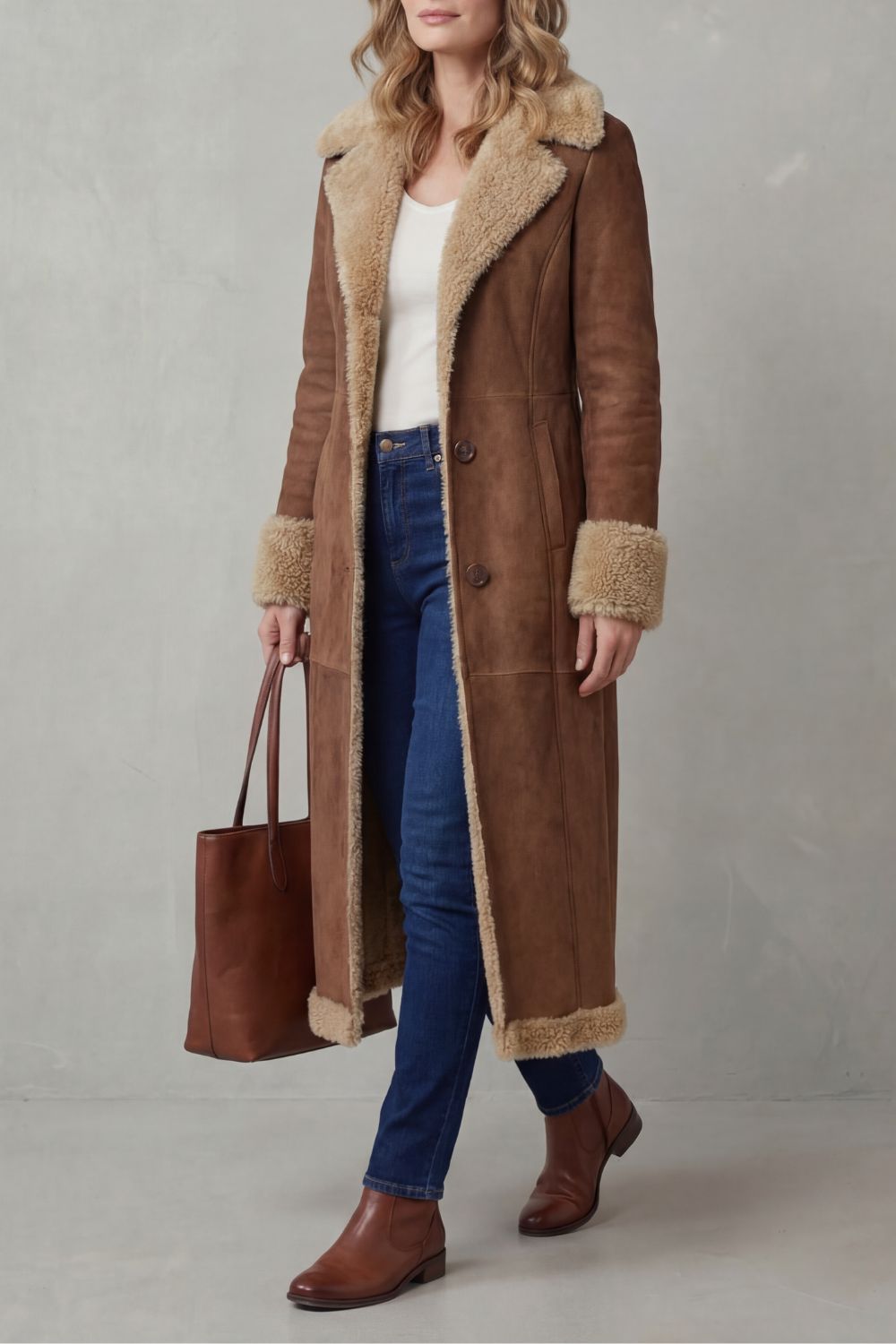 HALINA | Długi płaszcz zimowy – sylwetka z podszewką shearling